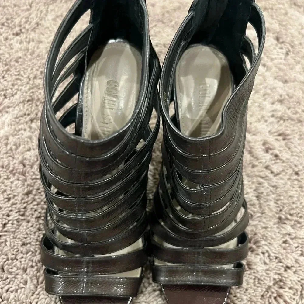 Colin Stewart 6.5 strappy high heel sandals booties brown gray patent leather